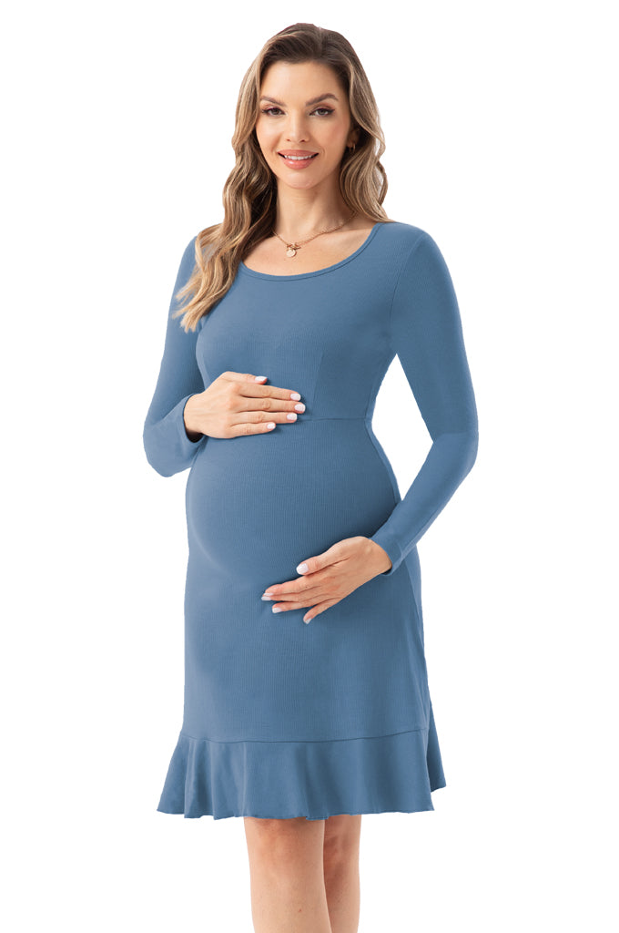 Bearsland Long Sleeve Ruffle Hem Maternity Dress Bearsland Long Sleeve Ruffle Hem Maternity Dress