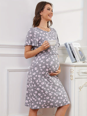 Bearsland Women's Short-Sleeve Crew-Neck Printed Nursing Dress
