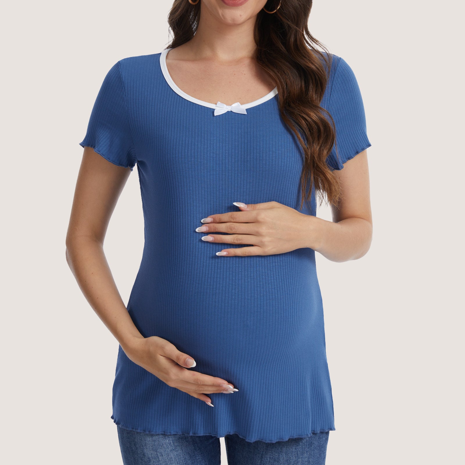 Casual Ribbed Scoop Neck Short Sleeve Maternity Top