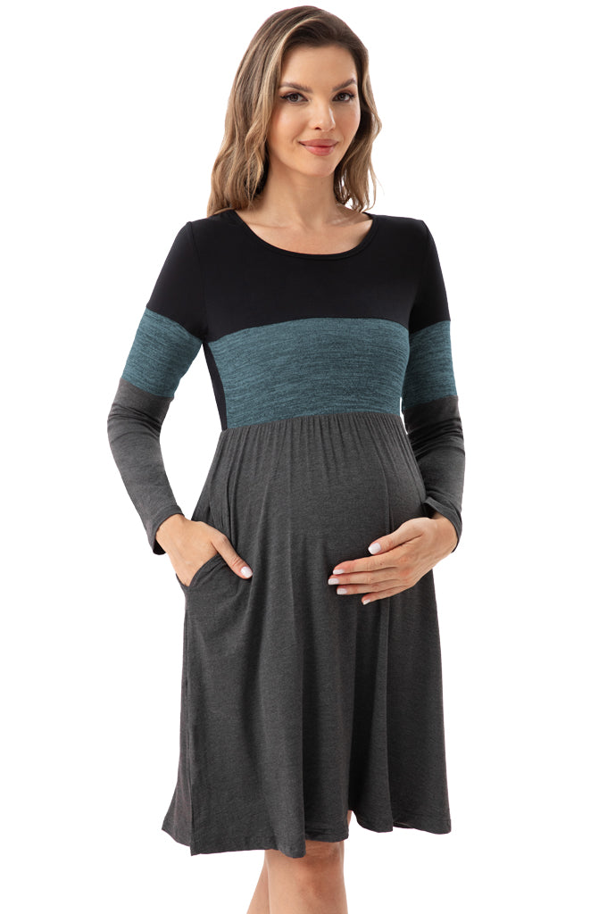 Bearsland Women's Long Sleeve Patchwork Maternity Dress