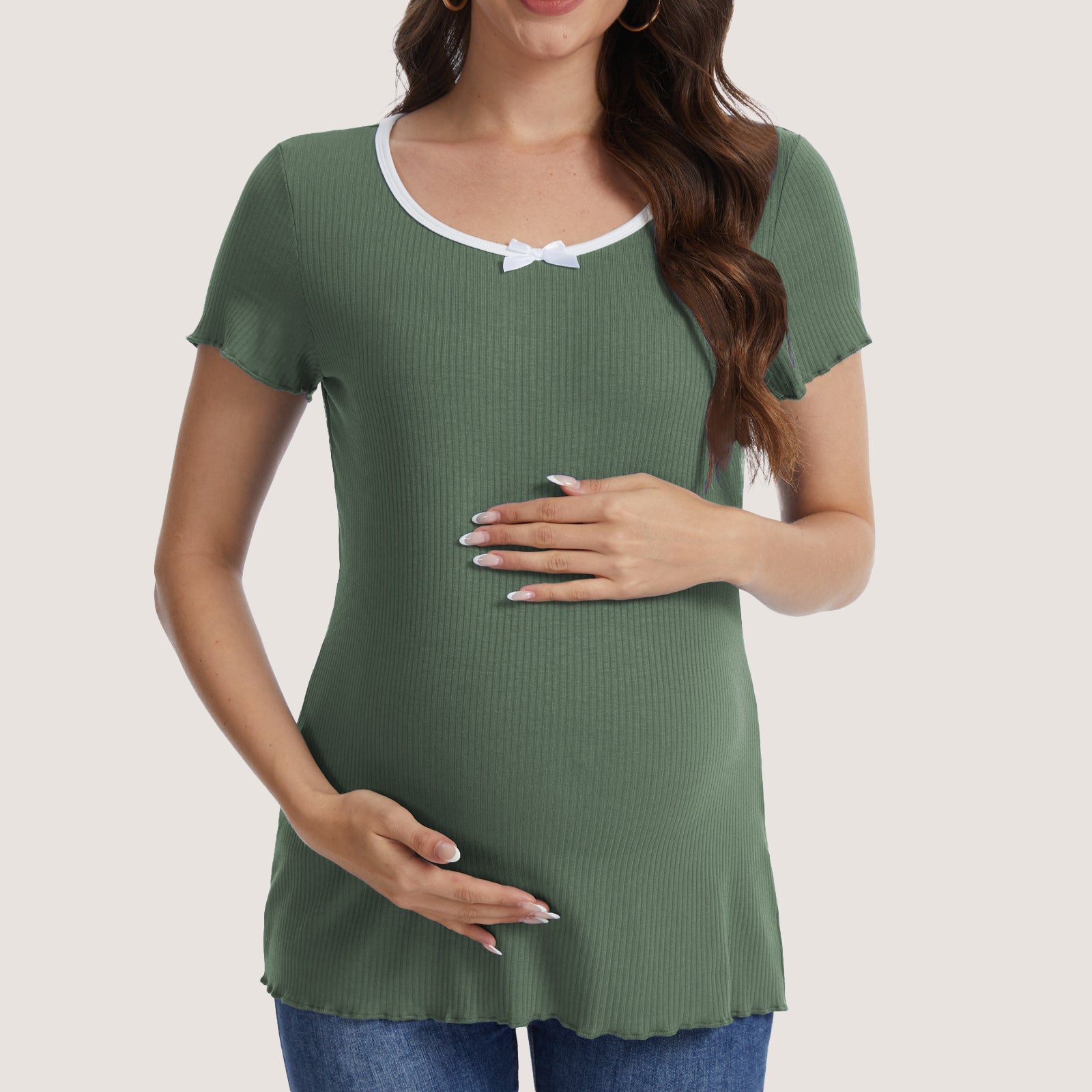 Casual Ribbed Scoop Neck Short Sleeve Maternity Top