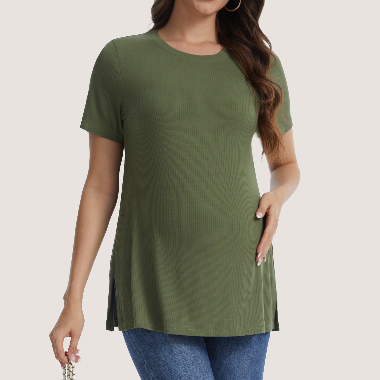 Women's Maternity Tops Crewneck Short Sleeve Shirts Casual Loose Tunic Tops Split Hem Ribbed Summer Blouses Pregnancy Clothes