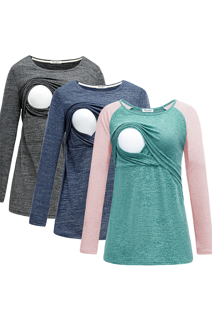Women's 3 Packs Maternity Clothes Long Sleeves Breastfeeding Shirts Nursing Top