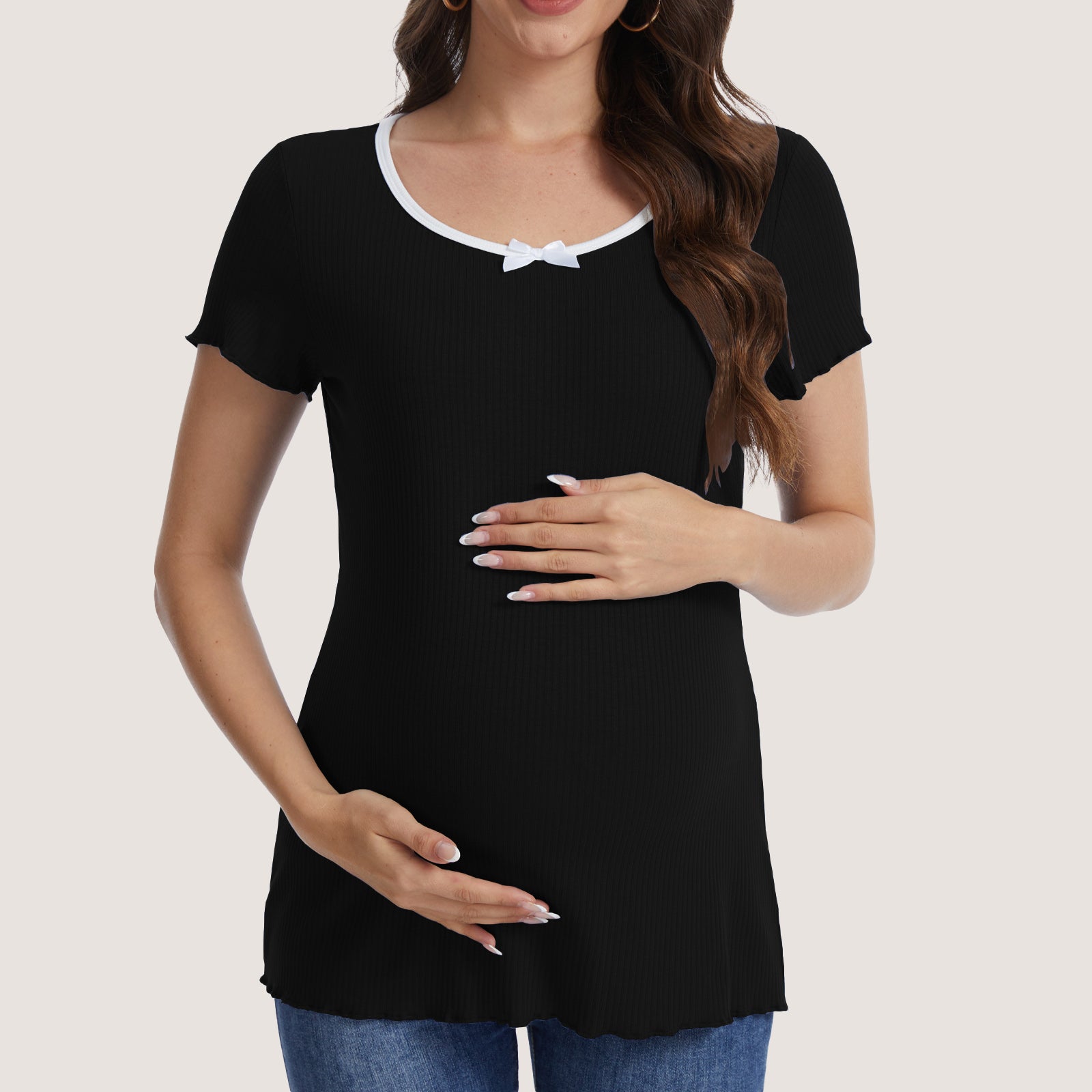 Casual Ribbed Scoop Neck Short Sleeve Maternity Top