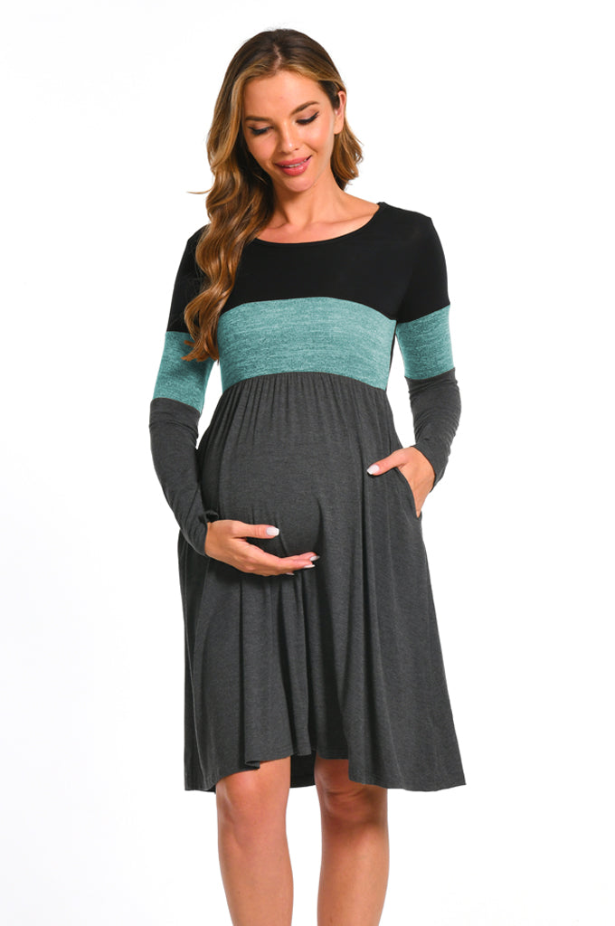 Bearsland Women's Long Sleeve Patchwork Maternity Dress