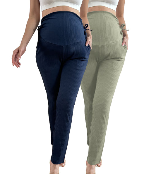 Bearsland Women's Plus Size Maternity Pants with Drawstring 2-Piece Set