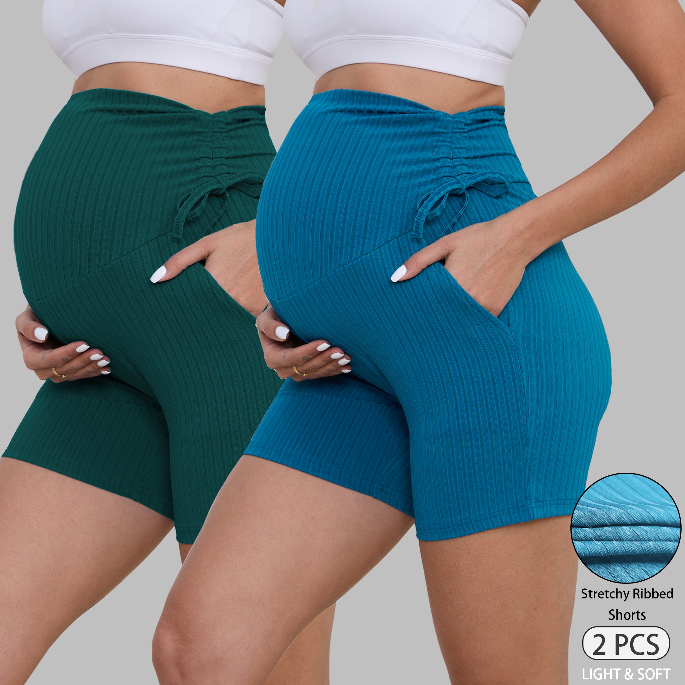 DDLUYY Women's Plus Size Maternity Biker Shorts Over the Belly Drawstring Stretchy Pregnancy Yoga Workout with Pockets 2-Pack