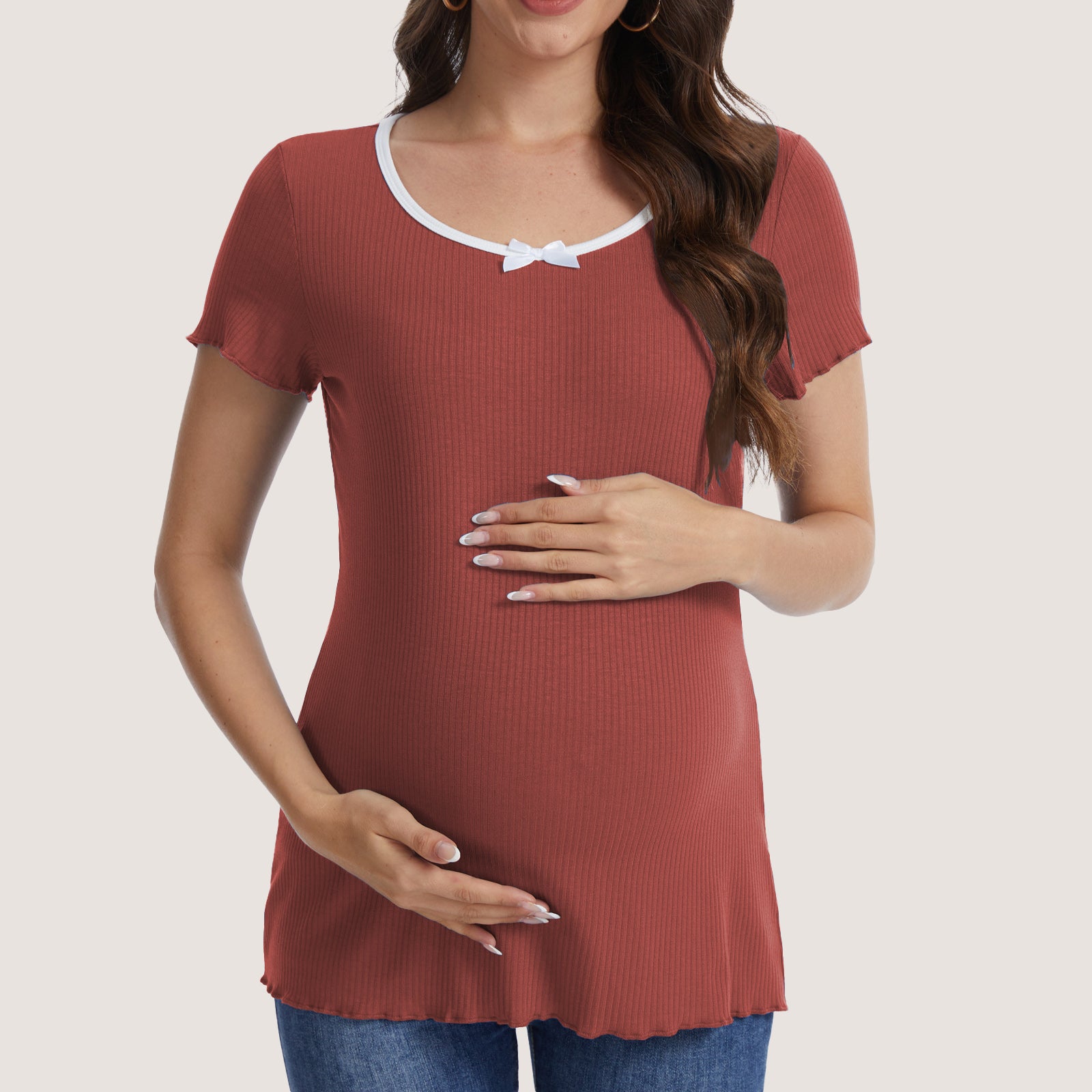 Casual Ribbed Scoop Neck Short Sleeve Maternity Top