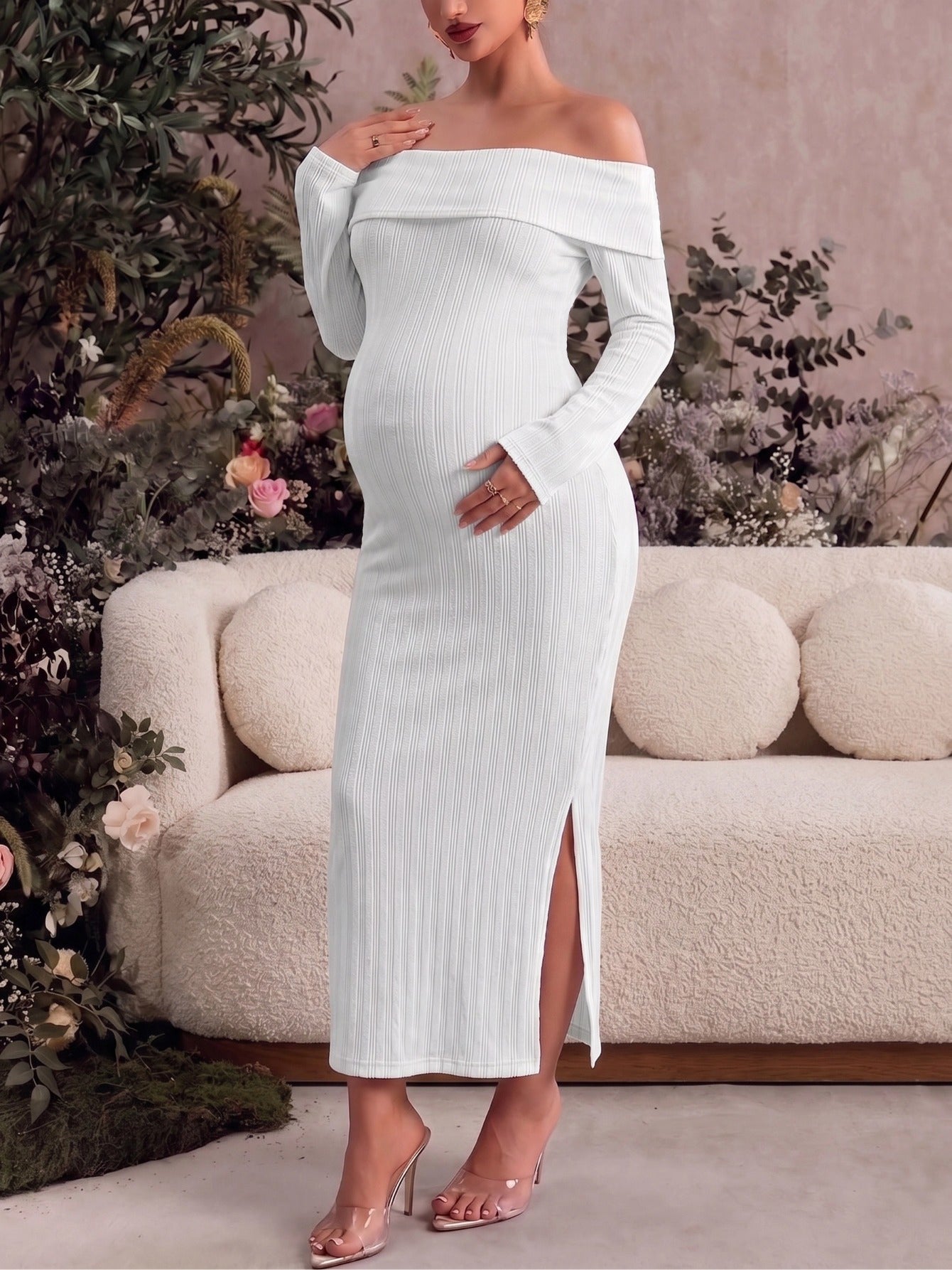 Long Sleeve Off Shoulder Maternity Dress for Photoshoot Baby Shower Bodycon Maxi Maternity Dresses Side Split Pregnancy Dress Formal Long Dresses