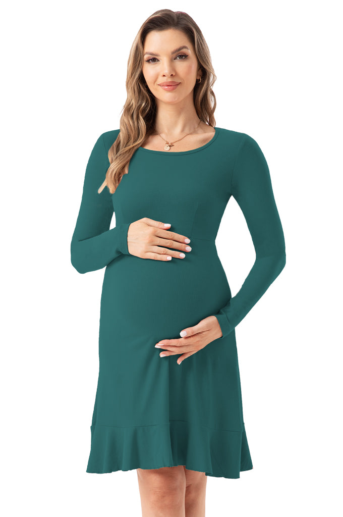 Bearsland Long Sleeve Ruffle Hem Maternity Dress