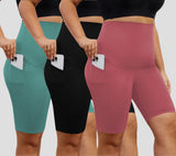 DDLUYY Women's Plus Size Butterluxe Tummy Control High Waist Yoga Shorts Workout Athletic Biker Shorts with Pockets 3-Pack