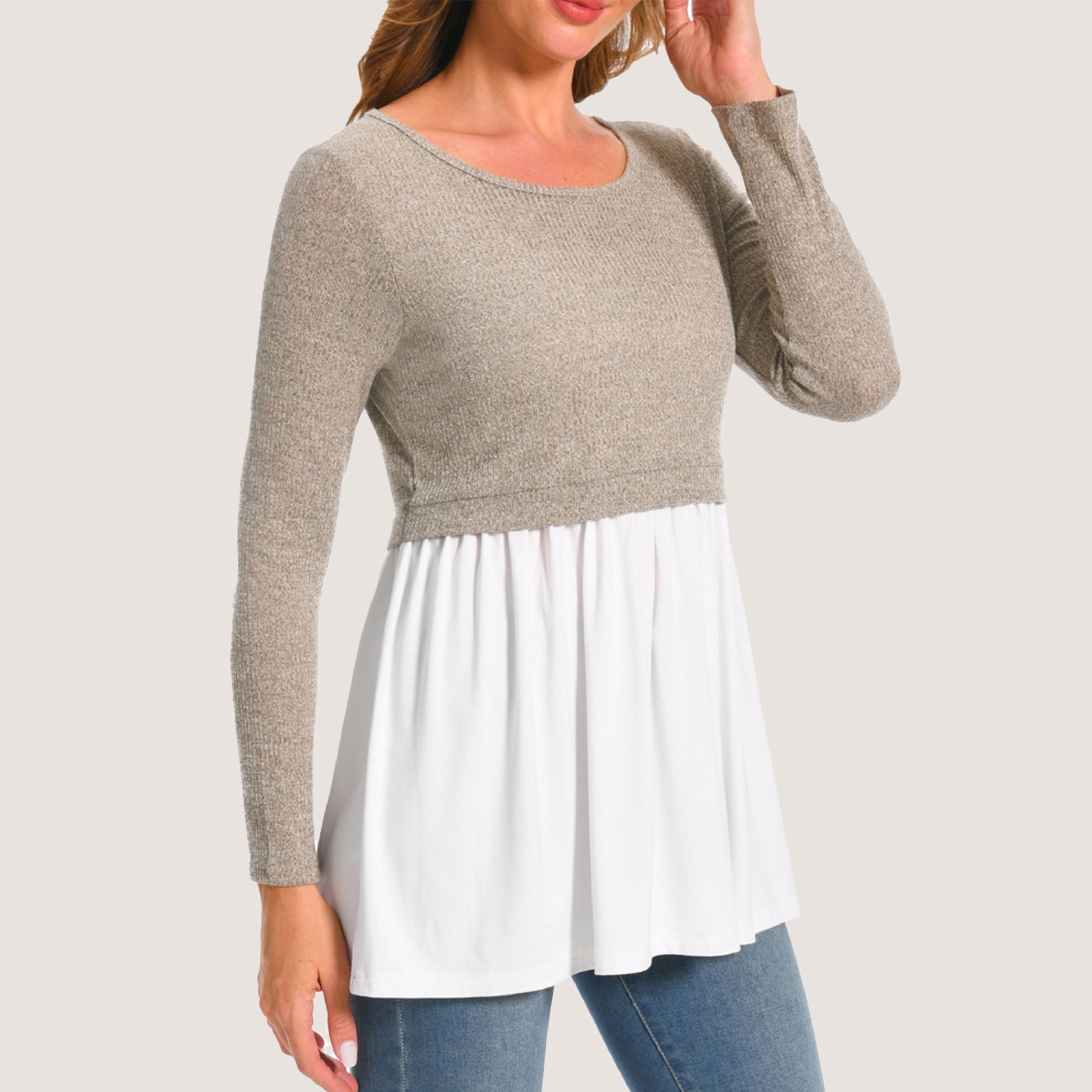 Bearsland Women's Maternity Clothes Nursing Top Crew Neck Long Sleeve Color Block Knit Breastfeeding Shirt