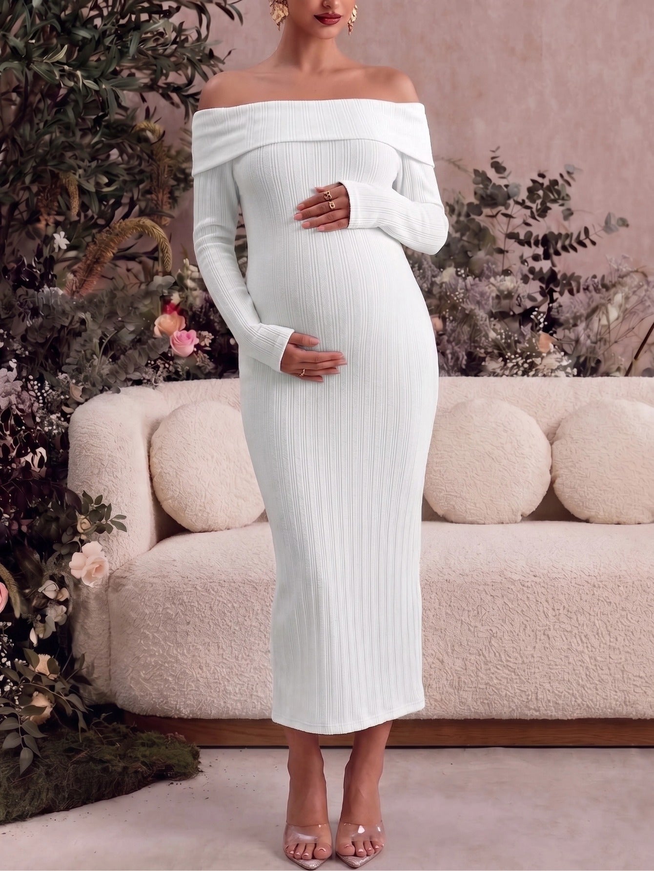 Long Sleeve Off Shoulder Maternity Dress for Photoshoot Baby Shower Bodycon Maxi Maternity Dresses Side Split Pregnancy Dress Formal Long Dresses