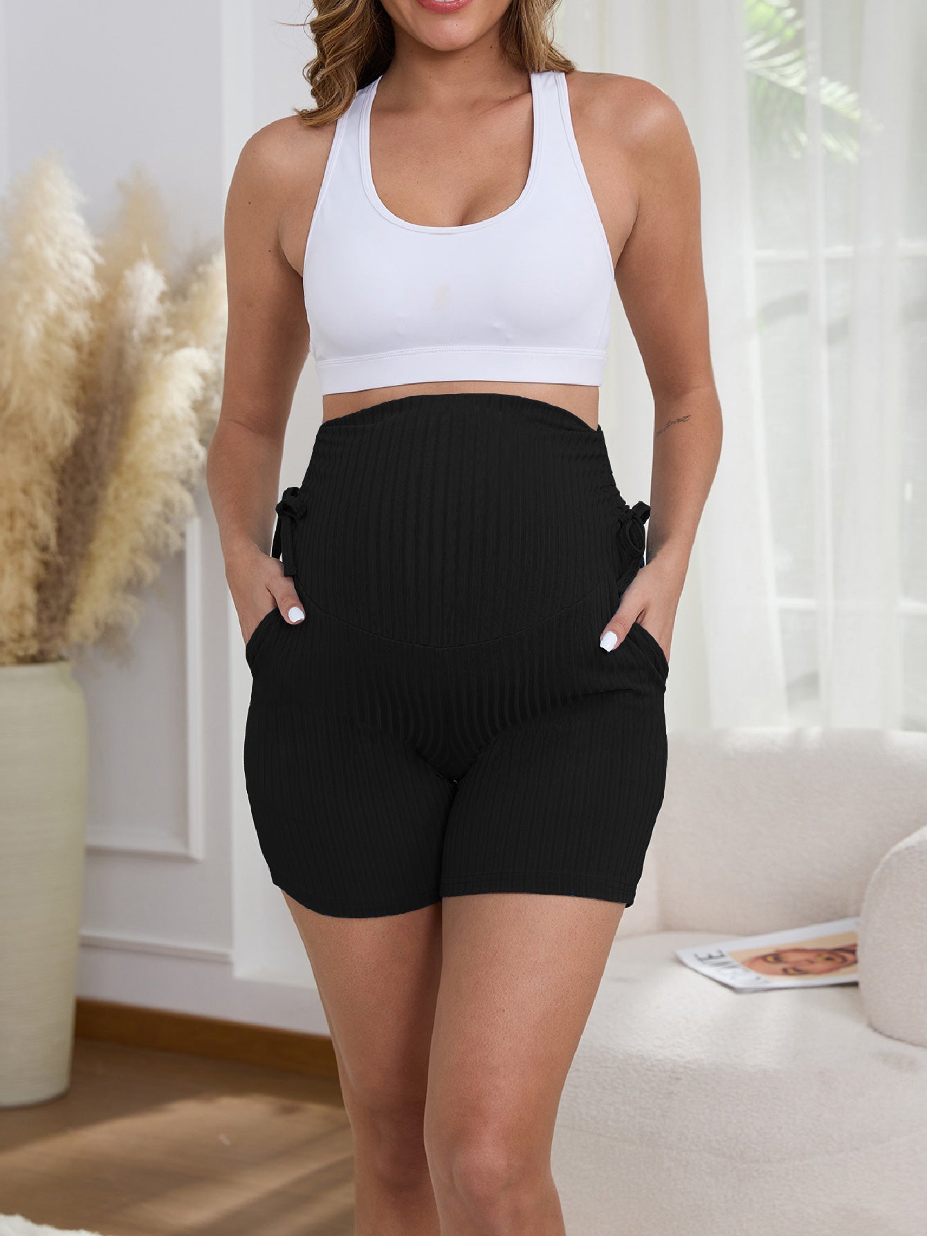 DDLUYY Women's Plus Size Maternity Biker Shorts Over the Belly Drawstring Stretchy Pregnancy Yoga Workout with Pockets 2-Pack