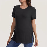 Women's Maternity Tops Crewneck Short Sleeve Shirts Casual Loose Tunic Tops Split Hem Ribbed Summer Blouses Pregnancy Clothes
