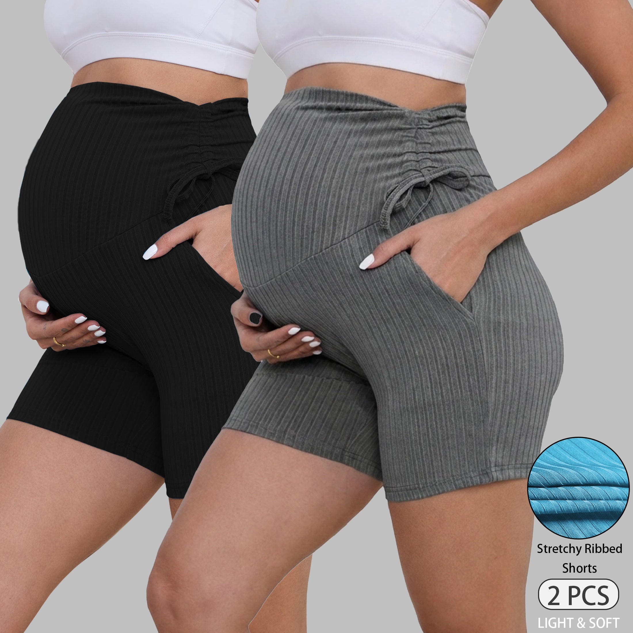 DDLUYY Women's Plus Size Maternity Biker Shorts Over the Belly Drawstring Stretchy Pregnancy Yoga Workout with Pockets 2-Pack