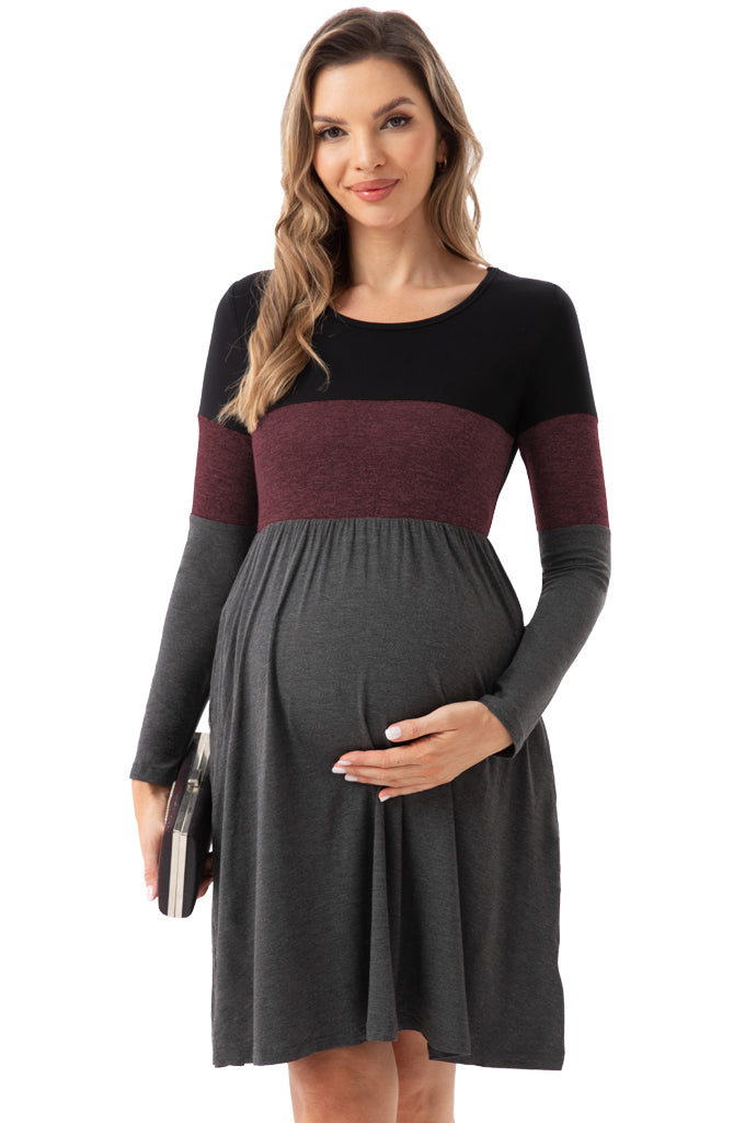 Bearsland Women's Long Sleeve Patchwork Maternity Dress