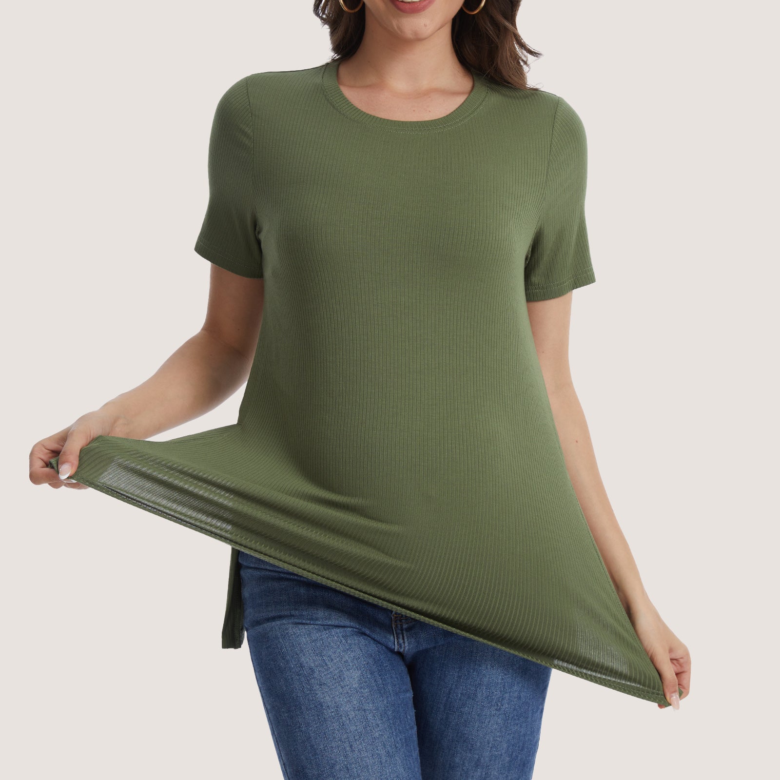 Women's Maternity Tops Crewneck Short Sleeve Shirts Casual Loose Tunic Tops Split Hem Ribbed Summer Blouses Pregnancy Clothes
