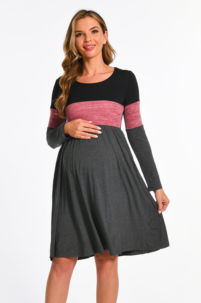 Bearsland Women's Long Sleeve Patchwork Maternity Dress