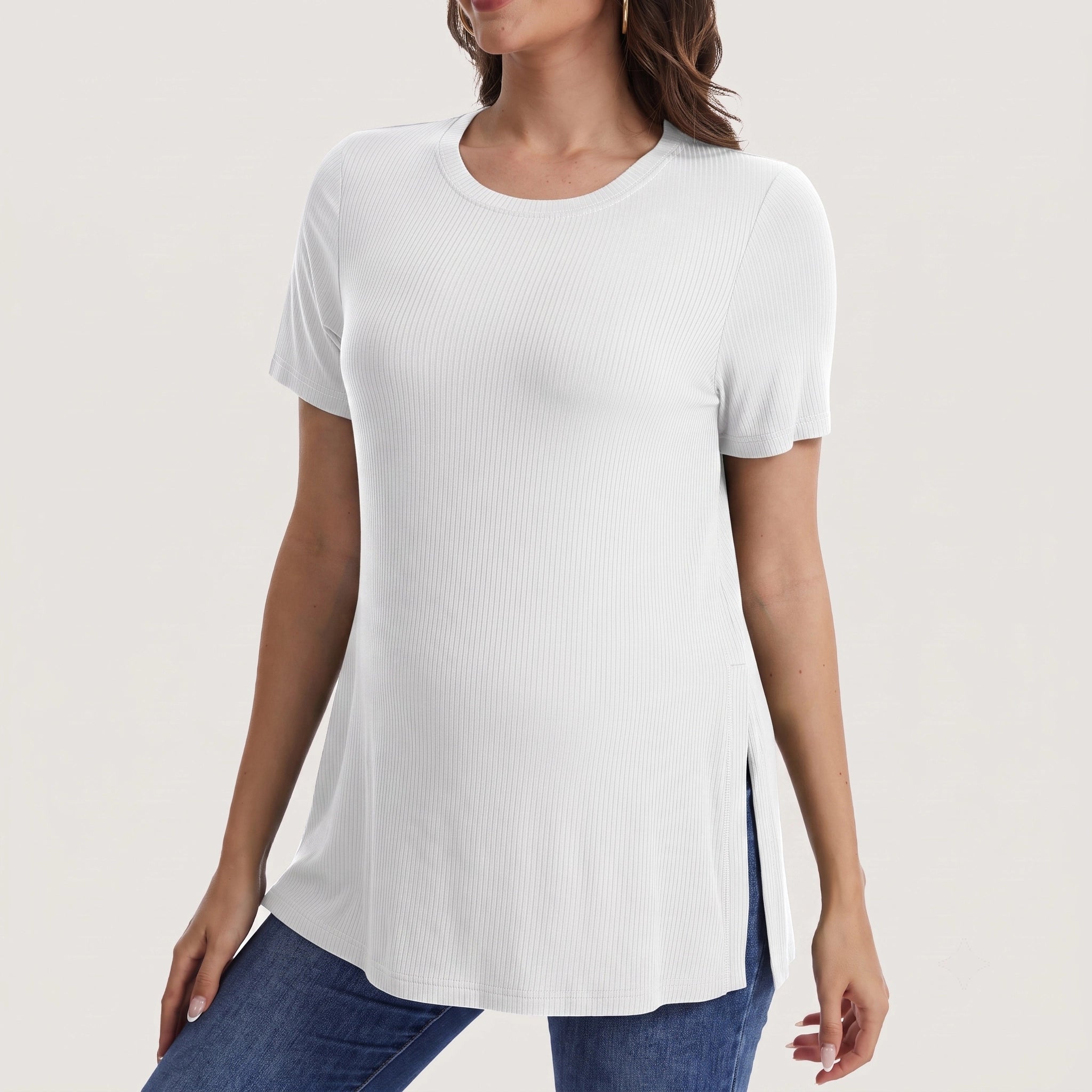Women's Maternity Tops Crewneck Short Sleeve Shirts Casual Loose Tunic Tops Split Hem Ribbed Summer Blouses Pregnancy Clothes
