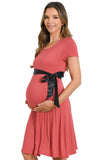 Bearsland Women’s Maternity Midi Dress Short Sleeve Casual Beach Pregnancy Dresses with Belt