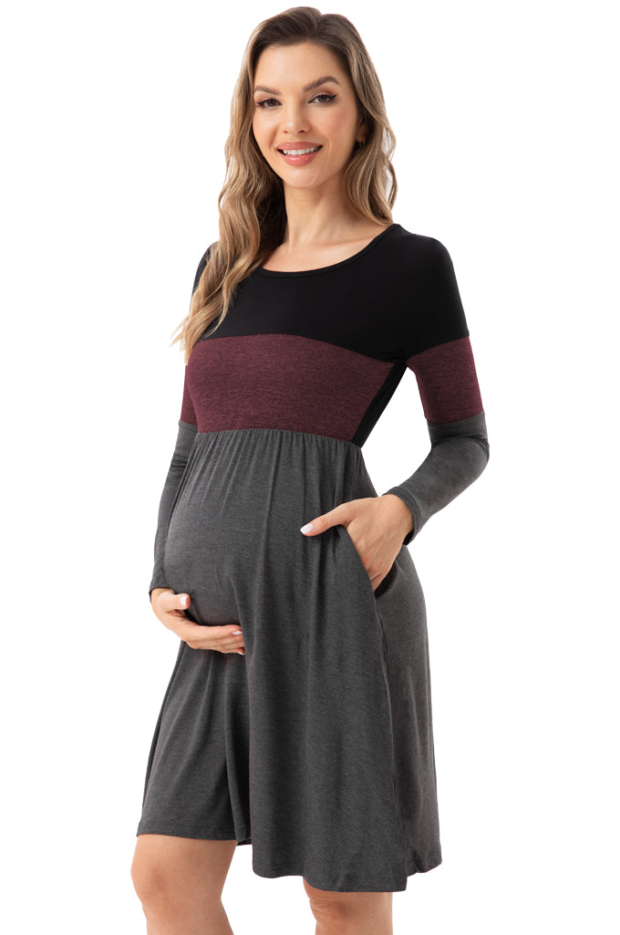 Bearsland Women's Long Sleeve Patchwork Maternity Dress