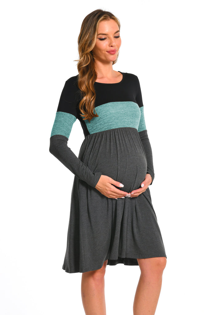 Bearsland Women's Long Sleeve Patchwork Maternity Dress