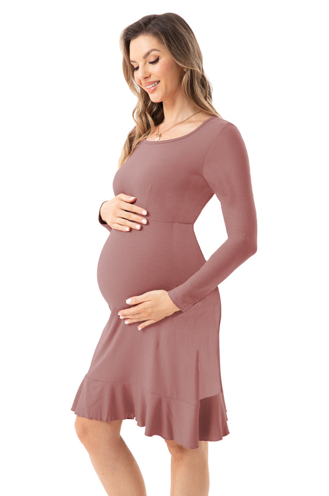 Bearsland Long Sleeve Ruffle Hem Maternity Dress