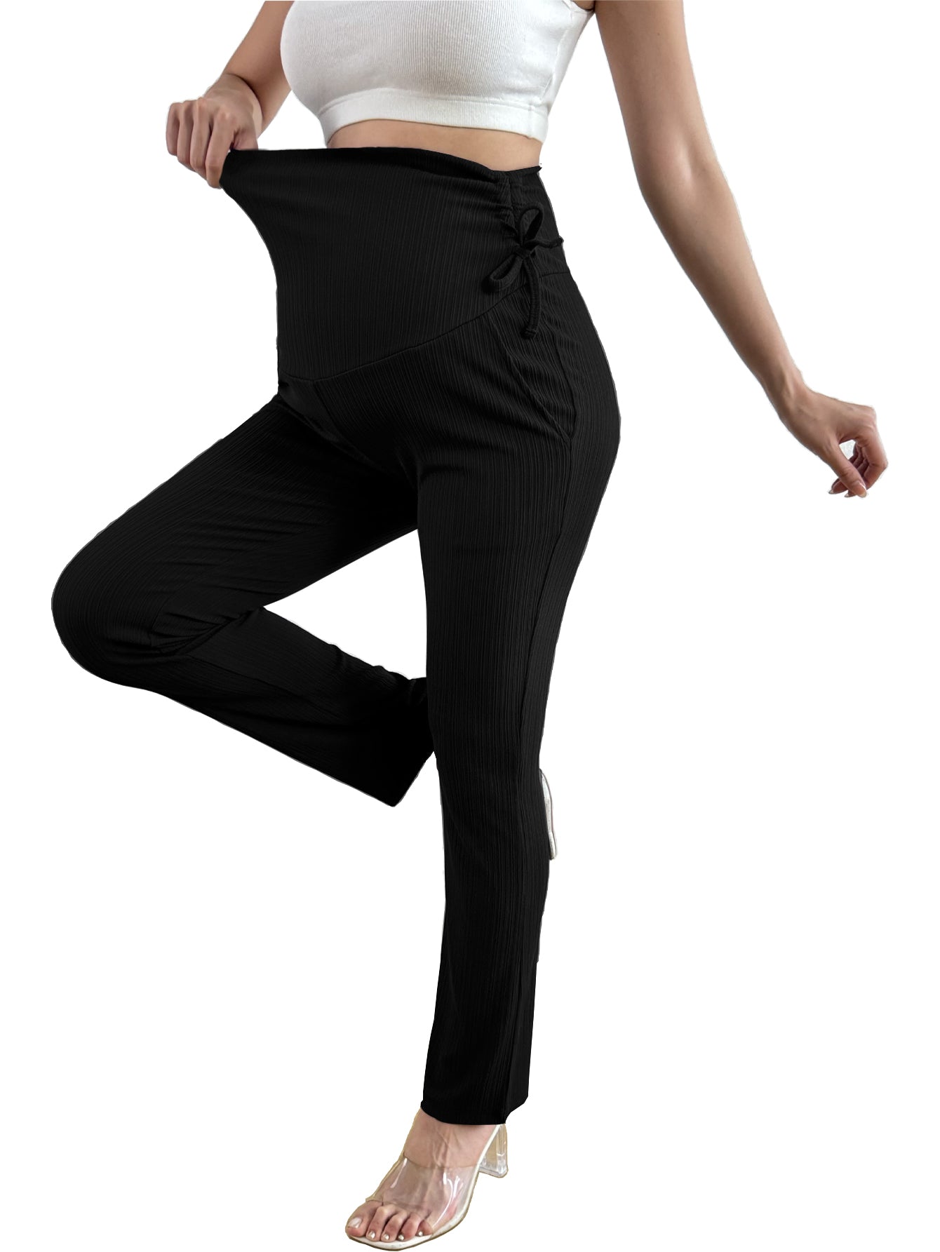 Bearsland Women's Plus Size Maternity Pants with Drawstring 2-Piece Set