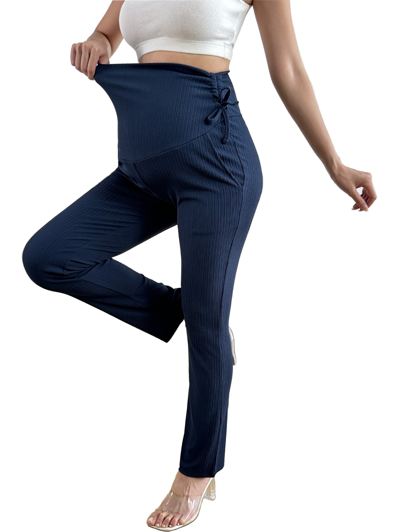 Bearsland Women's Plus Size Maternity Pants with Drawstring 2-Piece Set