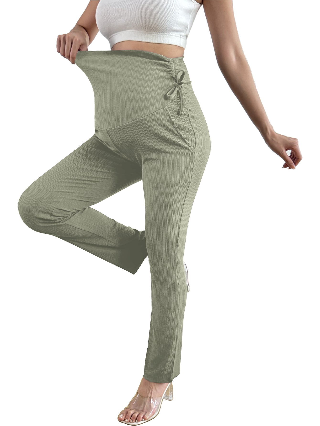 Bearsland Women's Plus Size Maternity Pants with Drawstring 2-Piece Set
