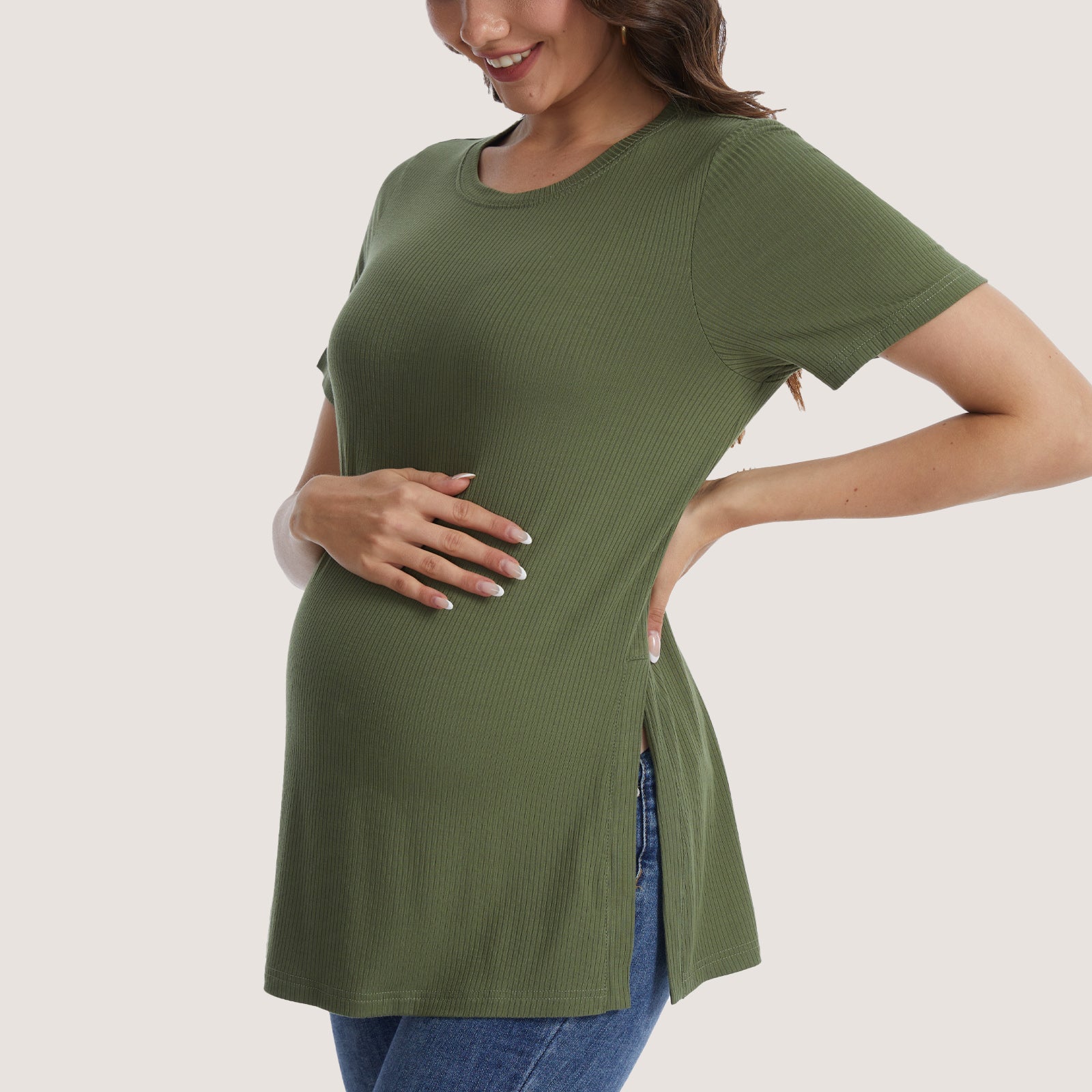 Women's Maternity Tops Crewneck Short Sleeve Shirts Casual Loose Tunic Tops Split Hem Ribbed Summer Blouses Pregnancy Clothes