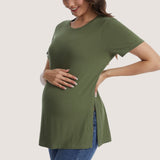Women's Maternity Tops Crewneck Short Sleeve Shirts Casual Loose Tunic Tops Split Hem Ribbed Summer Blouses Pregnancy Clothes