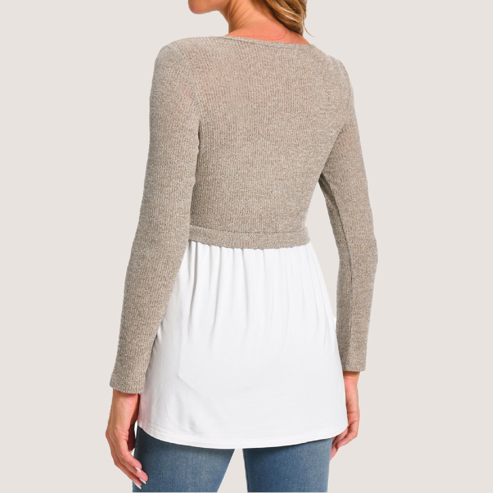 Bearsland Women's Maternity Clothes Nursing Top Crew Neck Long Sleeve Color Block Knit Breastfeeding Shirt