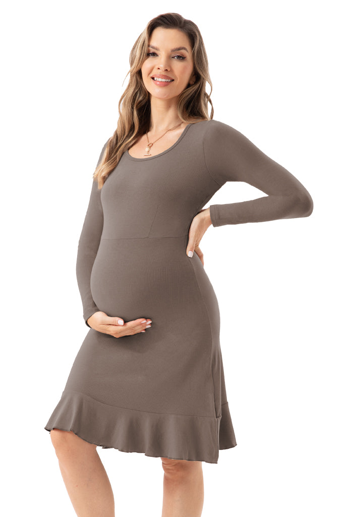 Bearsland Long Sleeve Ruffle Hem Maternity Dress