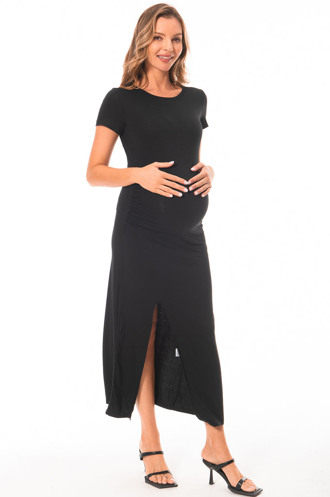 Women's Short Sleeve Maternity Dress Ruched Split Pregnancy Maxi Dresses 2-Pack