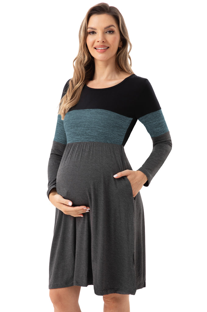 Bearsland Women's Long Sleeve Patchwork Maternity Dress
