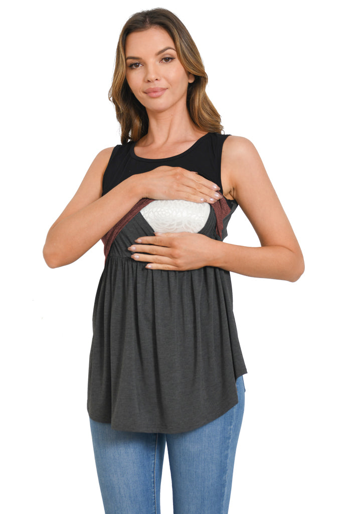 Bearsland Sleeveless Patchwork Scoop Neck Breastfeeding Shirt