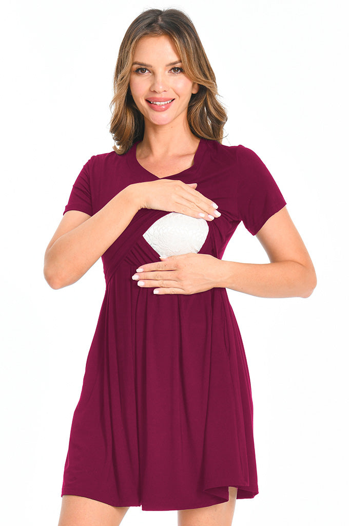 Bearsland Women's Short Sleeve Maternity Nursing Dress with Pockets