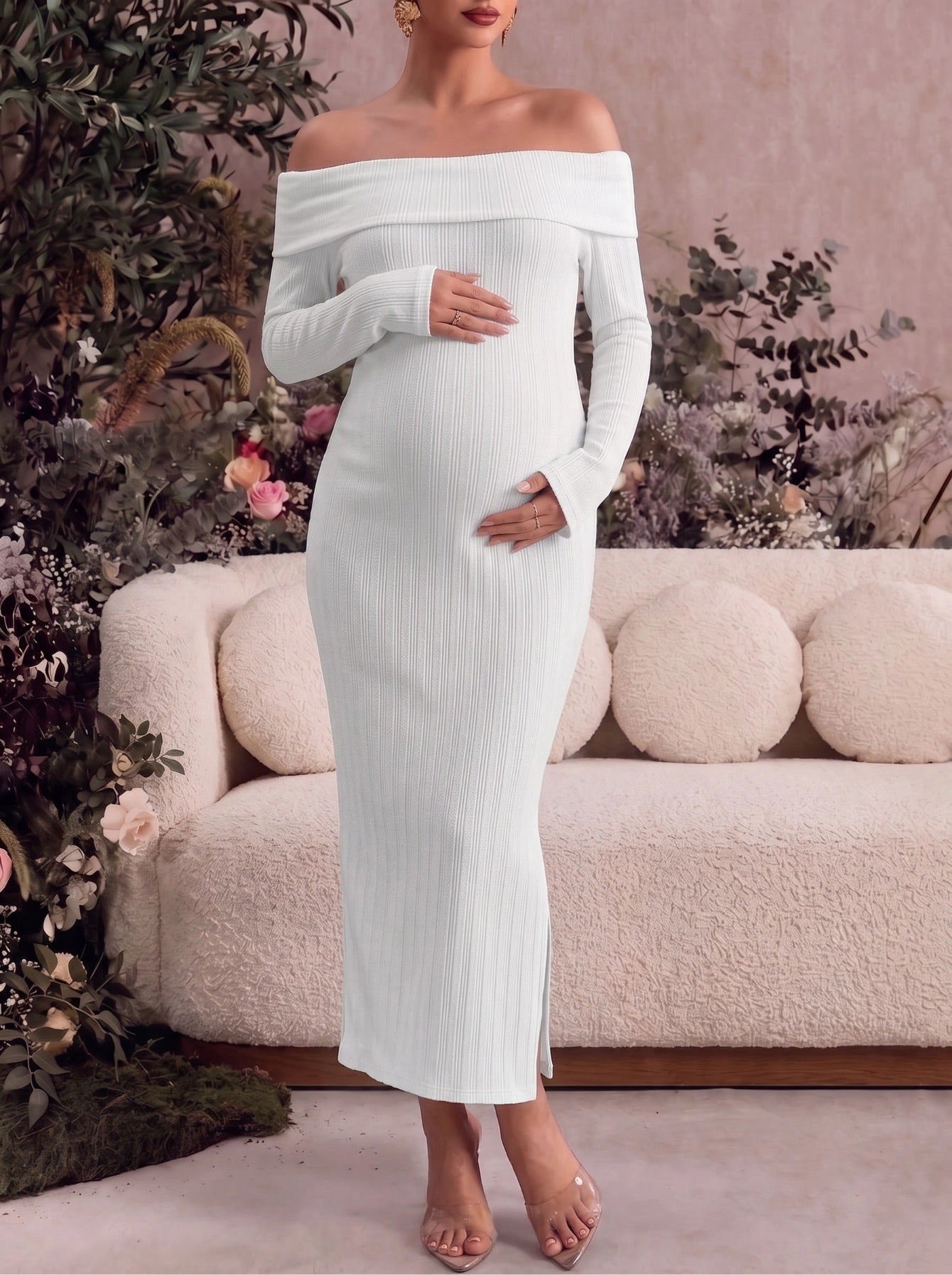Long Sleeve Off Shoulder Maternity Dress for Photoshoot Baby Shower Bodycon Maxi Maternity Dresses Side Split Pregnancy Dress Formal Long Dresses
