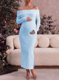 Long Sleeve Off Shoulder Maternity Dress for Photoshoot Baby Shower Bodycon Maxi Maternity Dresses Side Split Pregnancy Dress Formal Long Dresses