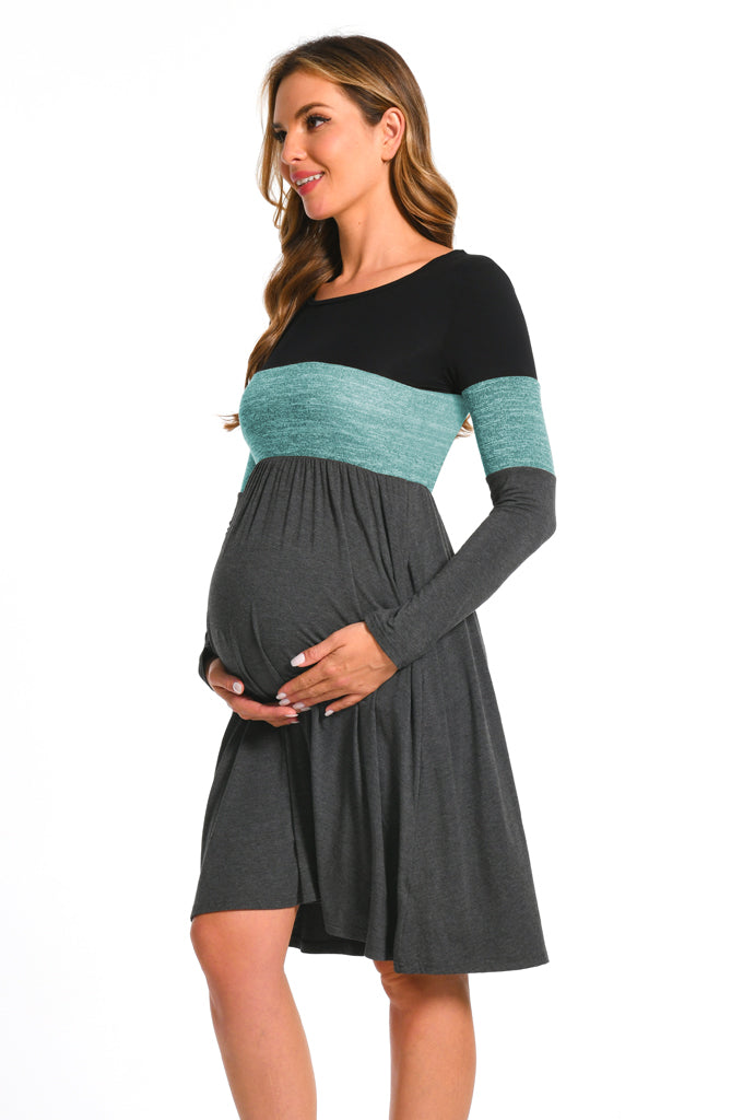 Bearsland Women's Long Sleeve Patchwork Maternity Dress