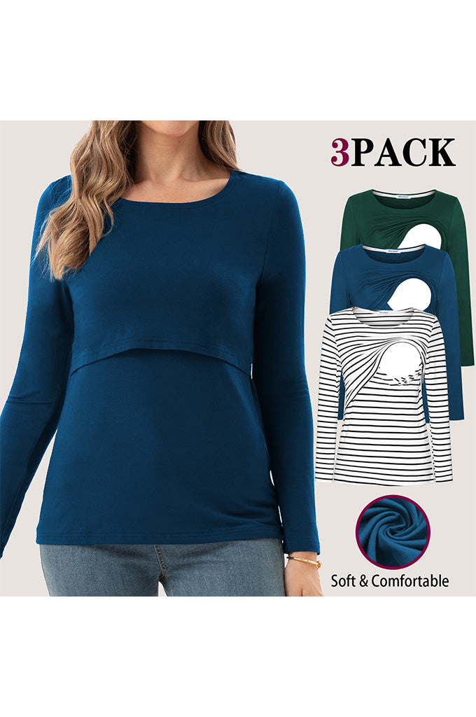 Women's Maternity Nursing Tops Comfy Long Sleeve Breastfeeding T-Shirt 3-Pack