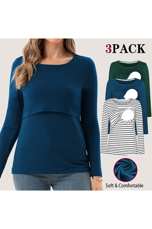 Women's Maternity Nursing Tops Comfy Long Sleeve Breastfeeding T-Shirt 3-Pack