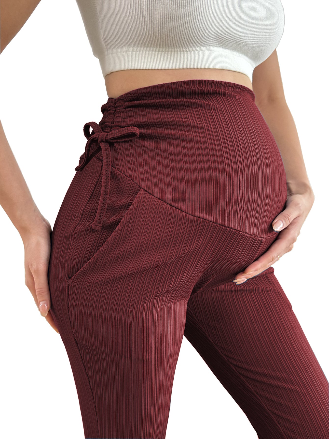 Bearsland Women's Plus Size Maternity Pants with Drawstring 2-Piece Set