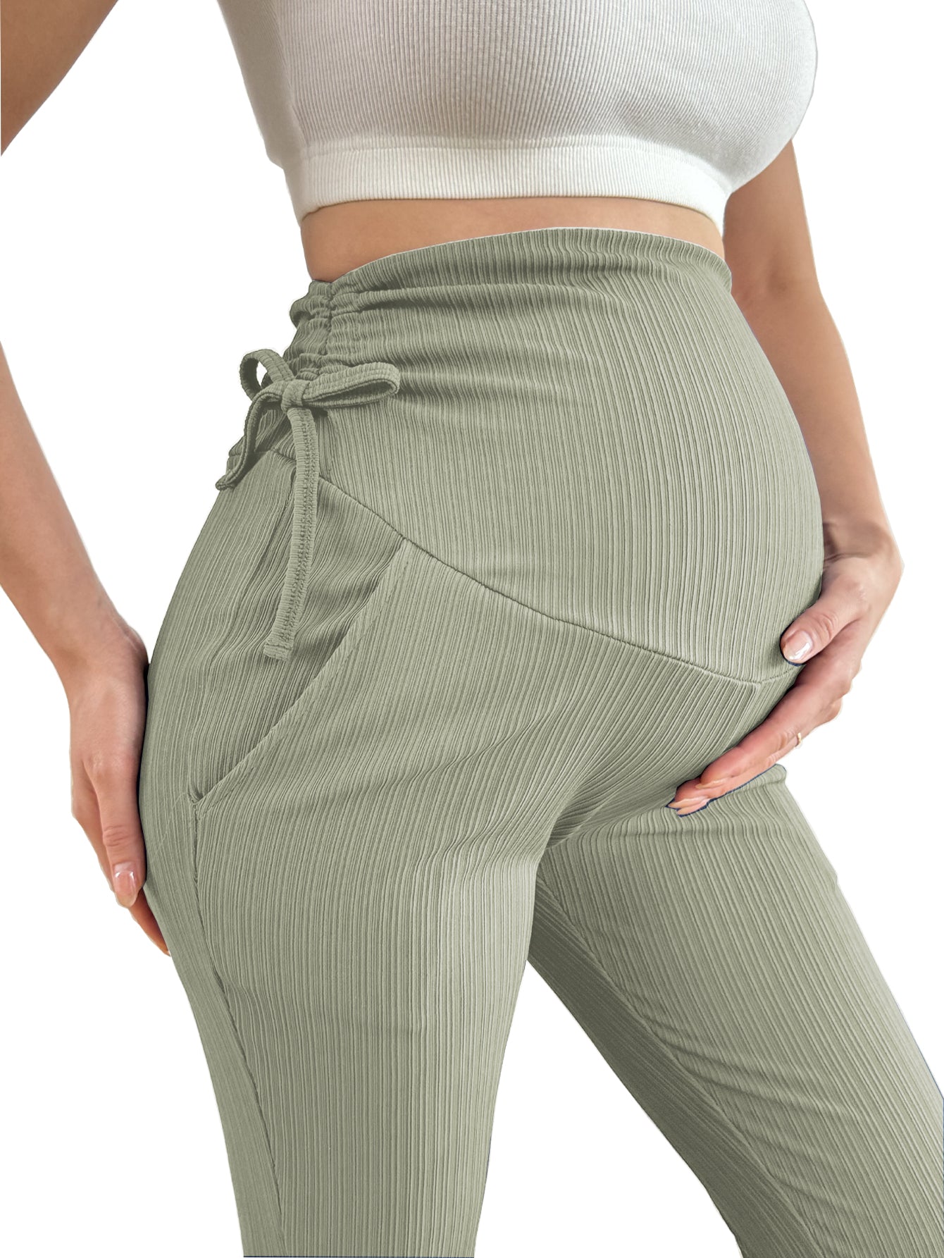 Bearsland Women's Plus Size Maternity Pants with Drawstring 2-Piece Set