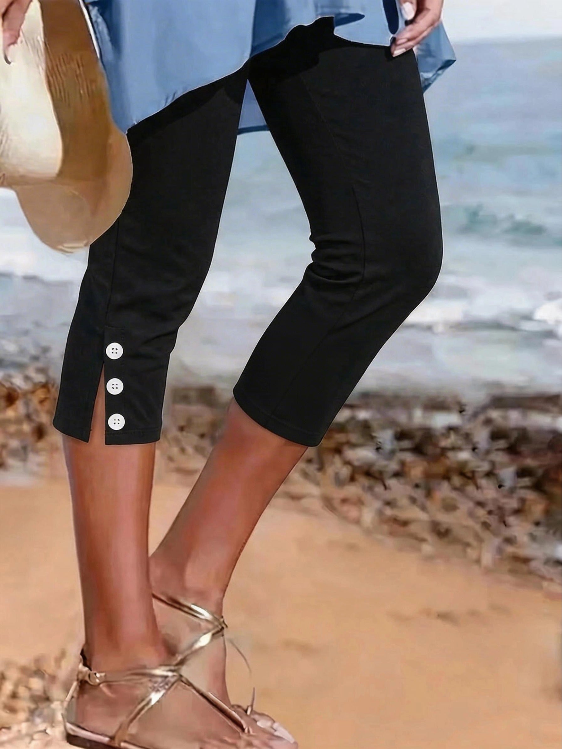 Bearsland Women's Maternity Cropped Pants  with Small Slits and Buttons at the Hem