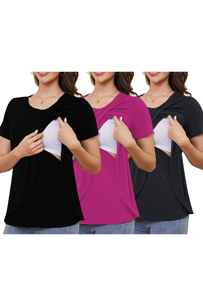 Beaisland Maternity Shirts Short Sleeve Nursing Tops, 3-Pack