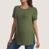 Women's Maternity Tops Crewneck Short Sleeve Shirts Casual Loose Tunic Tops Split Hem Ribbed Summer Blouses Pregnancy Clothes