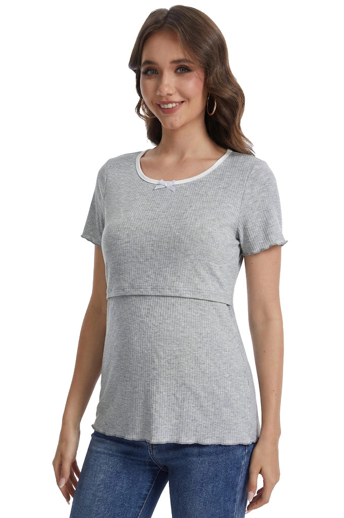 Bearsland round-neck, colour-blocked neckline nursing top in ribbed fabric, with a small bow at the neckline